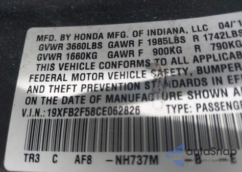 2012 Honda Civic Lx z USA, uszkodzony, nr VIN 19XFB2F58CE062826